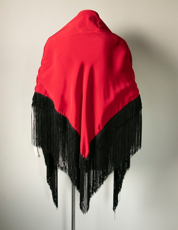 1970s Fringe Shawl Red & Black Long