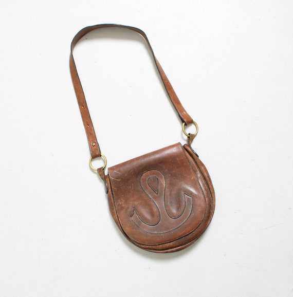 Boho Purse 1970s Brown Leather Anchor Artisan Bag