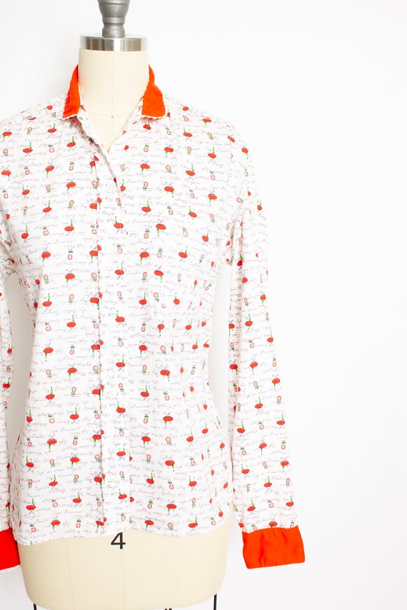 1950s Shirt Novelty Print French Cafe Blouse M - image 4