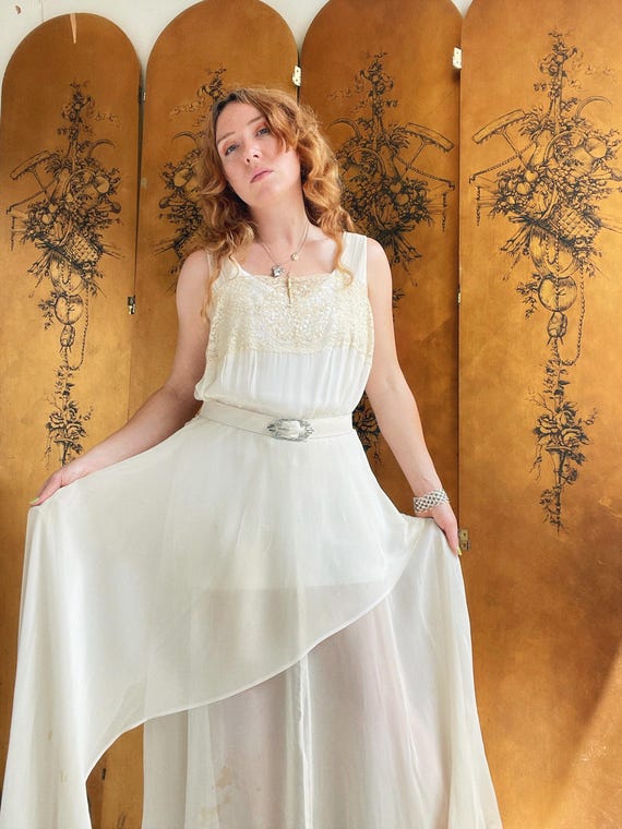 1930s sequin dress 1930s Dress Deco Sheer Lace Sequin Gown M/L