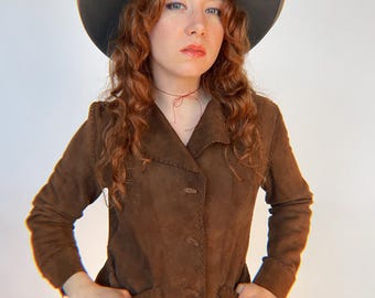 Veste en cuir suédée des années 1970 Boho Hippie S