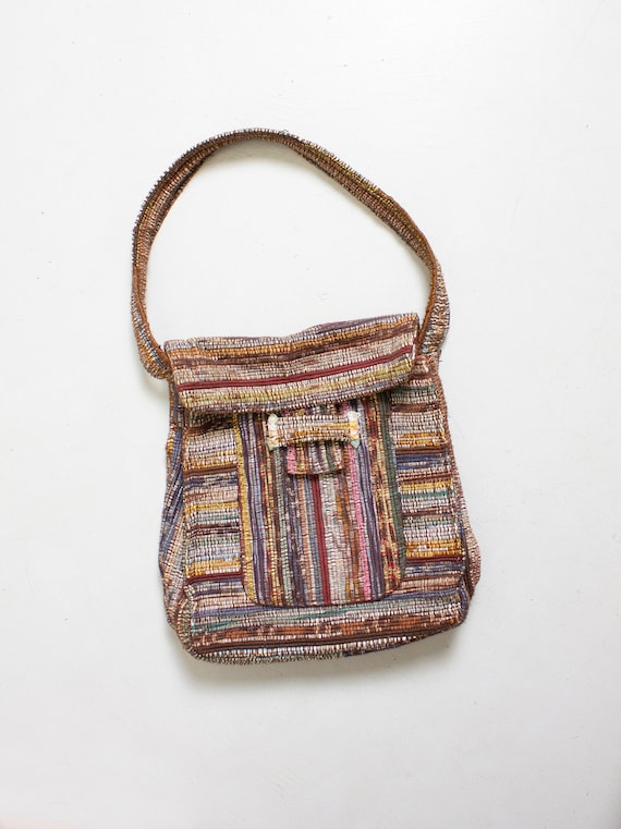 1970s Hand Loomed Shoulder Bag Woven Wool Boho Pur