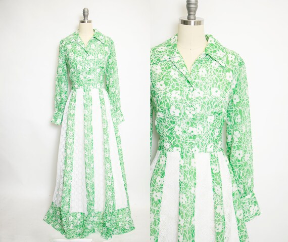 1970s Dress Green Floral Lace Shirtwaist Maxi Larg