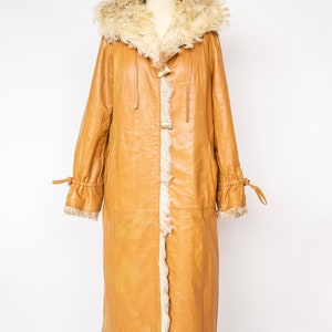 1970s Coat Leather Shearling Curly Fur Lamb Reversible Hooded M image 2