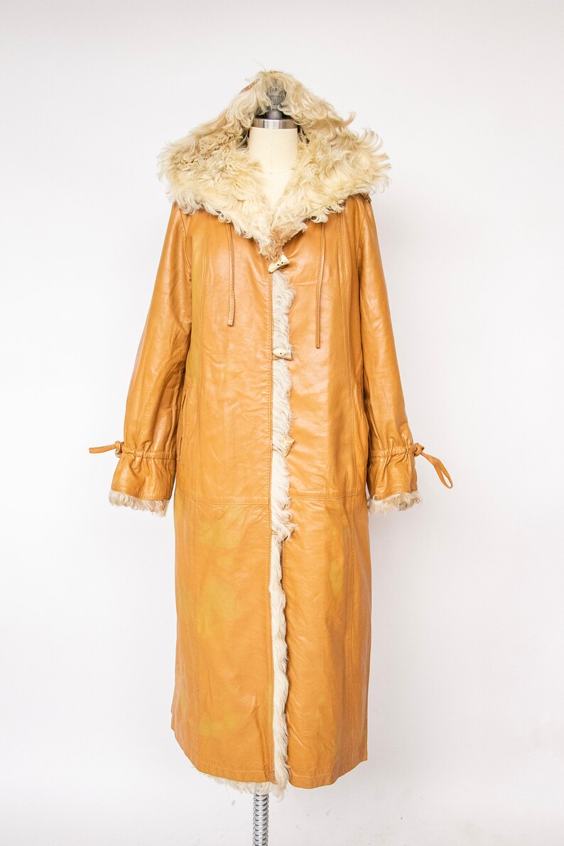 1970s Coat Leather Shearling Curly Fur Lamb Reversible Hooded M image 2