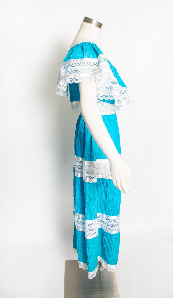1970s Dress Mexican Lace Teal Maxi Off Shoulder L - image 3