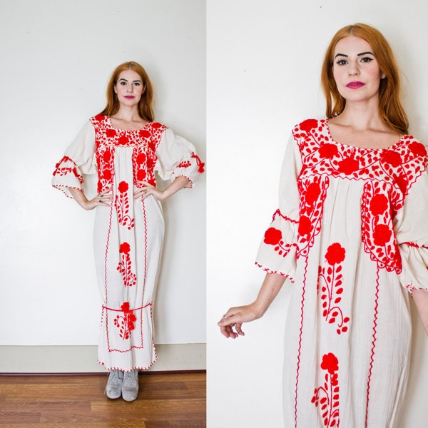 Vintage 1970s Dress - Mexican Wedding Red Embroidered Floral White Cotton Huipil Dress - 70s