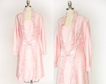 Vestido rosa de gasa con mangas plisadas de los años 60, talla M
