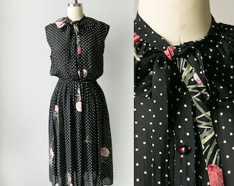 1970s Dress Polka Dot Dark Floral Sheer Chiffon S