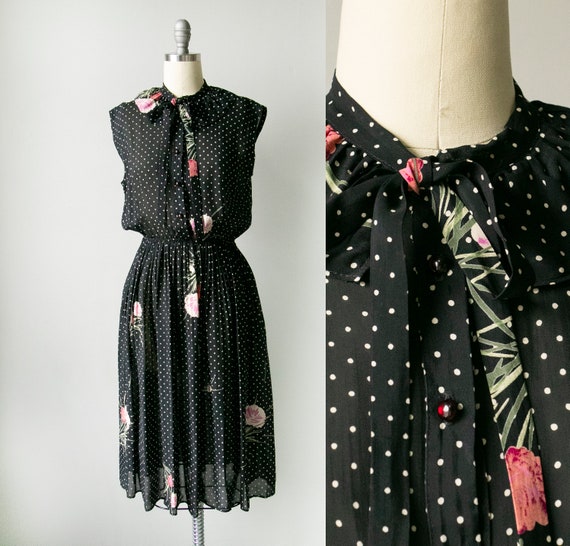 1970s Dress Polka Dot Dark Floral Sheer Chiffon S - image 1