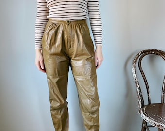 1980s Leather Pants Taupe High Waist S