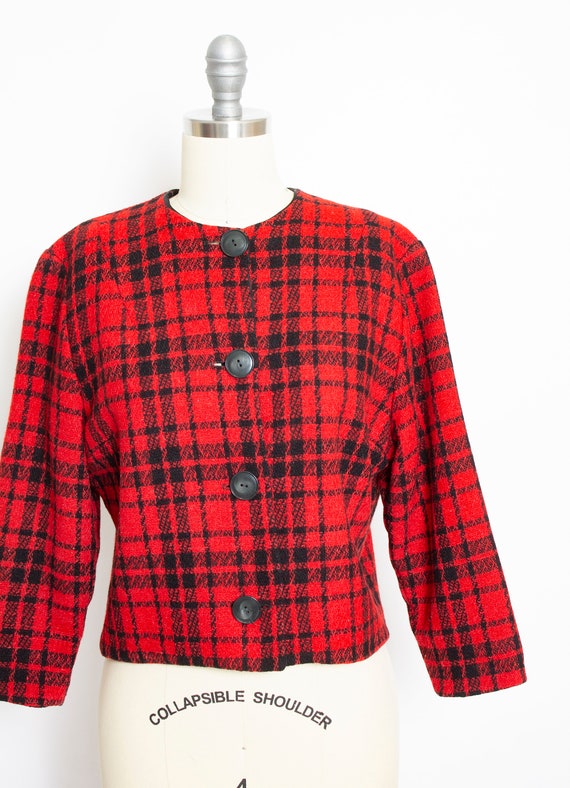 1960s Cropped Jacket Red Plaid Wool M - image 5