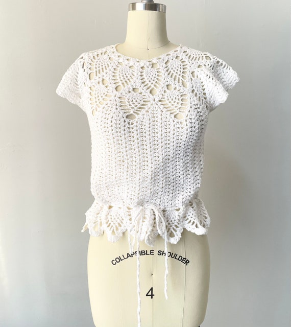 1970s Crochet Blouse Semi Sheer Cotton Top S - image 1