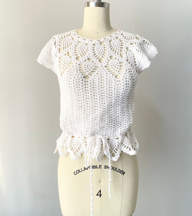 1970s Crochet Blouse Semi Sheer Cotton Top S image 1