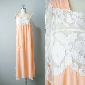1920s Silk Nightgown Slip Lace Lounge Dress M