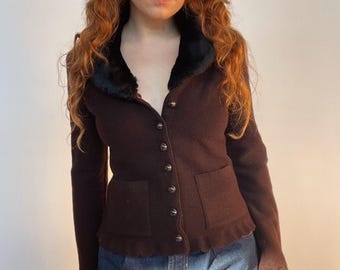 Maglione Sonia Rykiel anni '90 in lana e angora con collo in pelliccia sintetica S