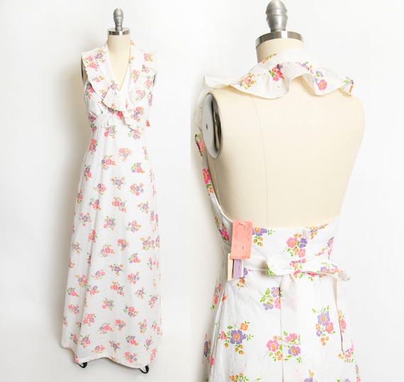 1970s Maxi Dress Deadstock Floral Eyelet Lace Prai
