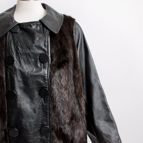 1960s Fur Coat Black Leather Mod Jacket X shops Large