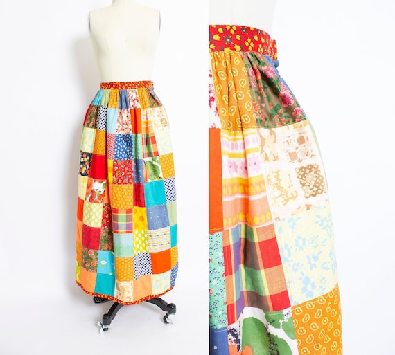 Vintage QUILTED Patchwork 1970s Maxi Skirt XS Extr