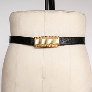 1980s Belt Black Leather Gold Buckle Designer XL