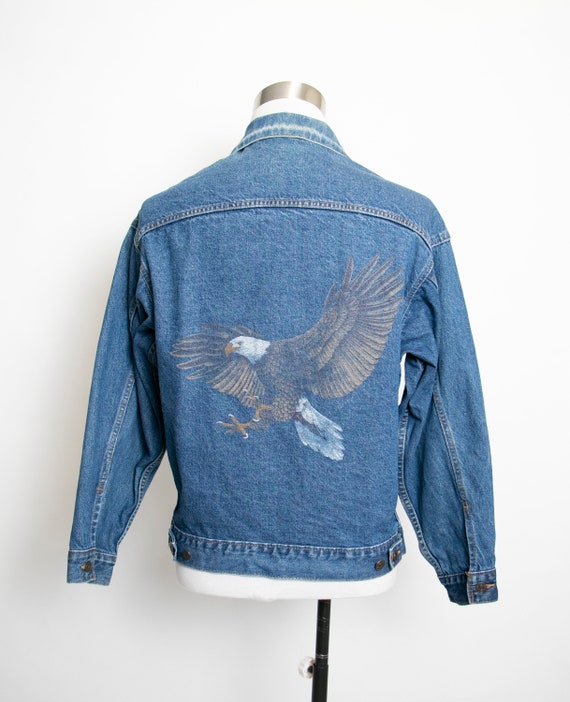 1990s Denim Jacket EAGLE Painted Blue Jean M 40" - image 1