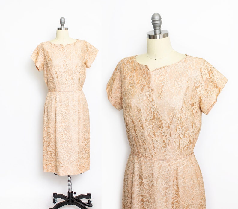 1950s Dress Beige Champagne Lace L image 1