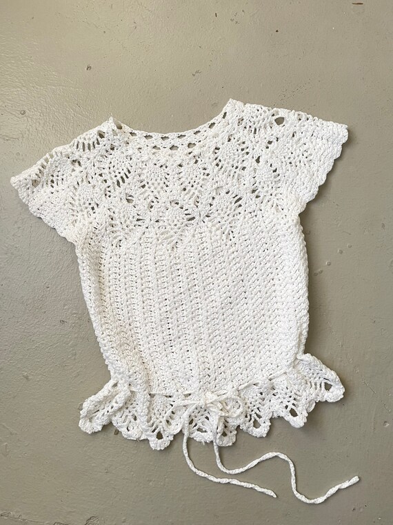 1970s Crochet Blouse Semi Sheer Cotton Top S - image 4