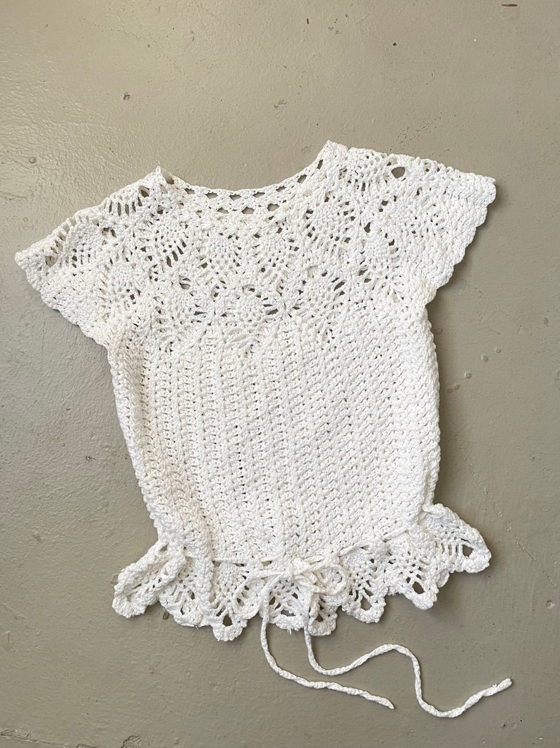 1970s Crochet Blouse Semi Sheer Cotton Top S image 4