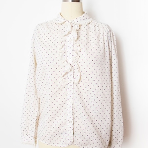 1970s Blouse Cotton Ruffle Floral Top S