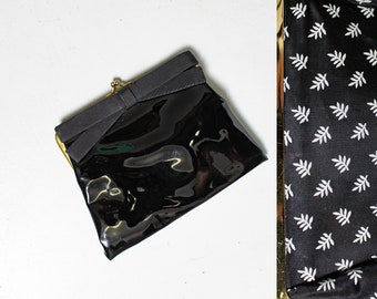 1960s Purse Black Patent Vinyl BOW Cocktail Clutch Bag