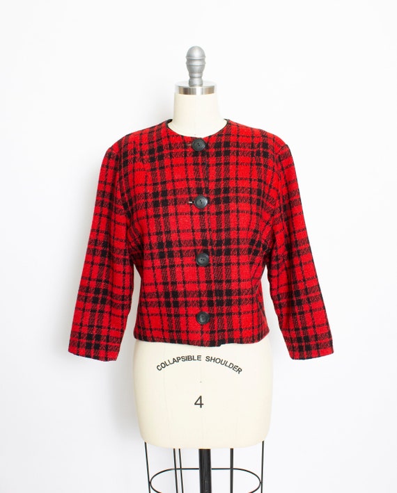 1960s Cropped Jacket Red Plaid Wool M - image 1