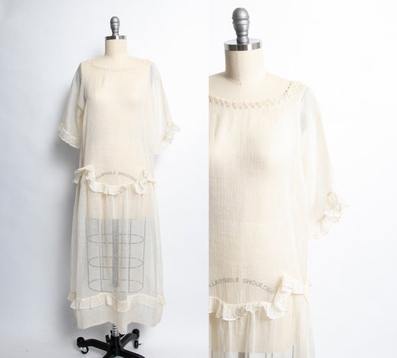 1920s Lawn Dress Sheer Cotton Ruffled Small