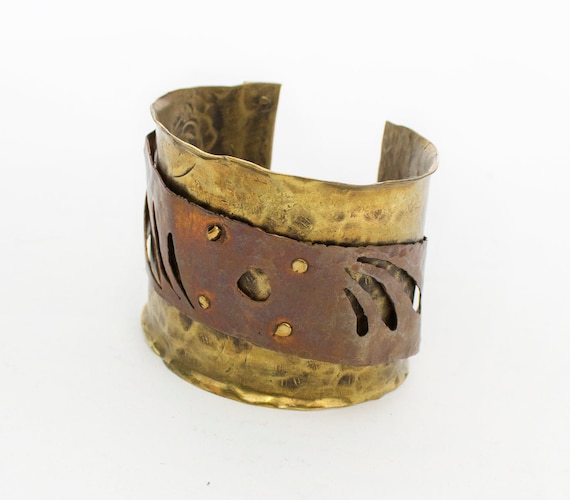 1980s Brutalist Bracelet Metal Cuff Copper Brass … - image 1