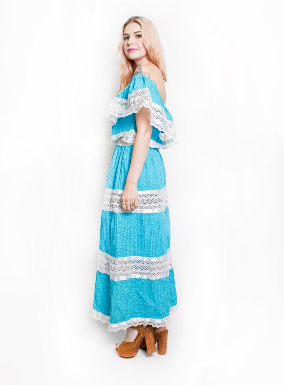 1970s Dress Mexican Lace Teal Maxi Off Shoulder L - image 7
