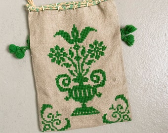 1940s Purse Embroidered Linen Drawstring Bag