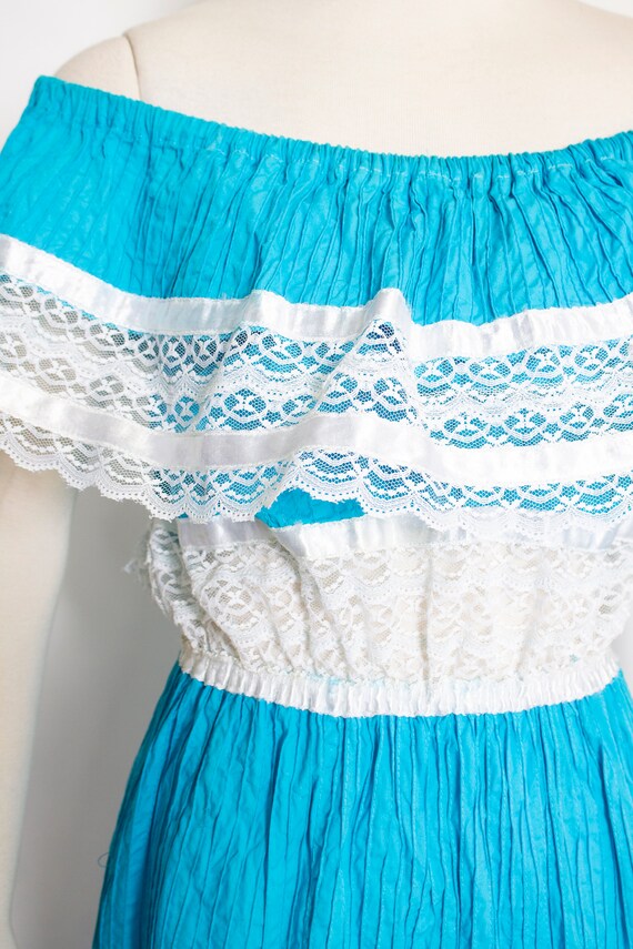 1970s Dress Mexican Lace Teal Maxi Off Shoulder L - image 4