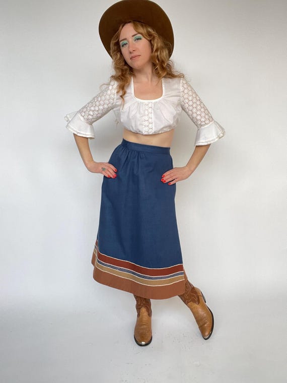 1970s Wrap Skirt Cotton Denim Patchwork M - image 1