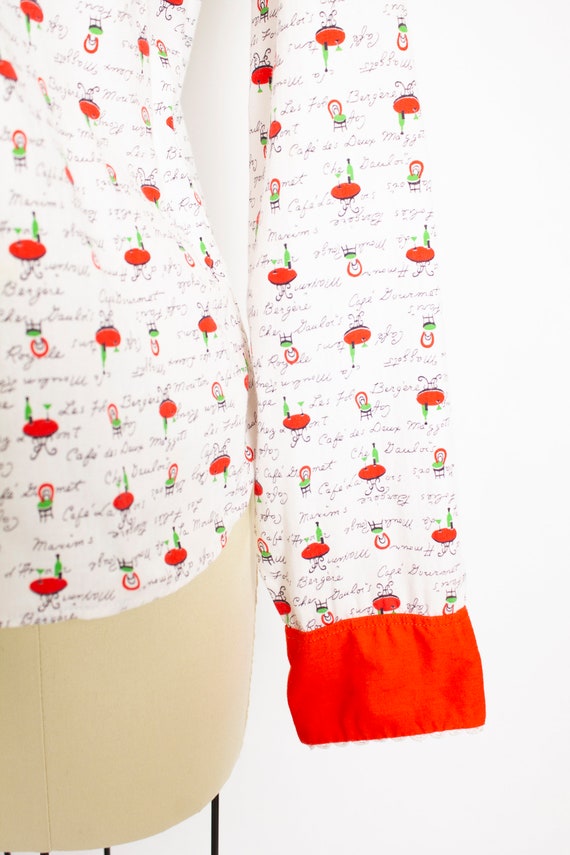 1950s Shirt Novelty Print French Cafe Blouse M - image 6