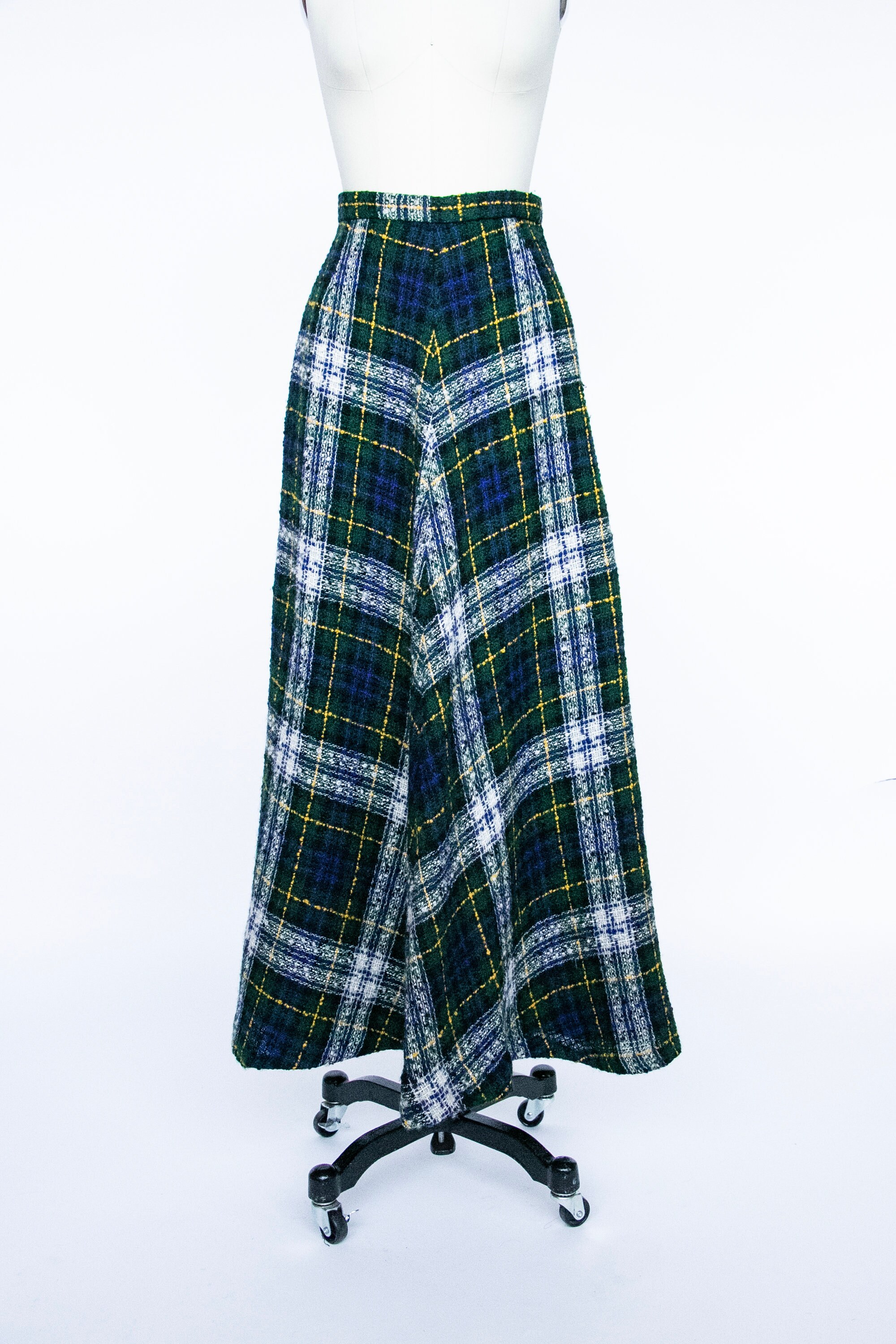 1970er Jahre Langer Maxi-Rock aus Wolle Tartan kariert Lang S