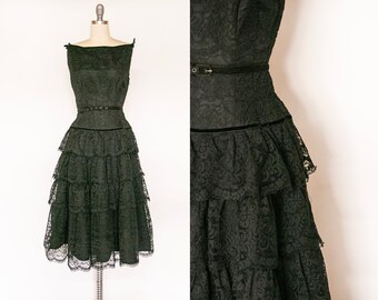 1950s Dress Black Lace Tiered Full Skirt S