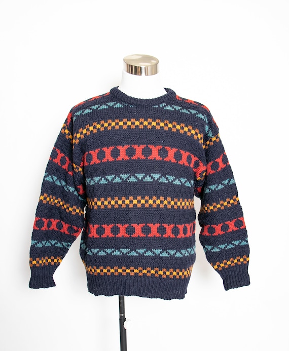 1900s Wool Sweater Men's Striped Knit Crewneck L - image 1