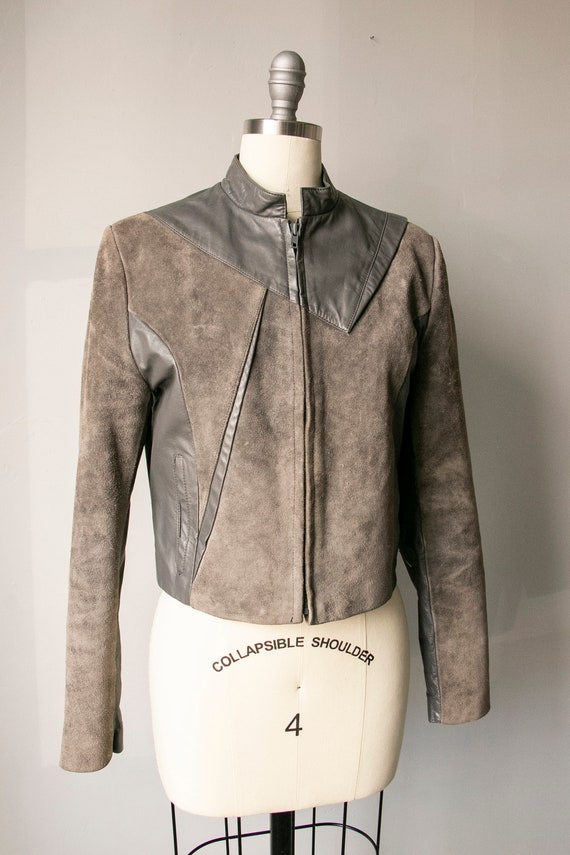 1980s Suede Leather Jacket Cropped Grey S - image 9