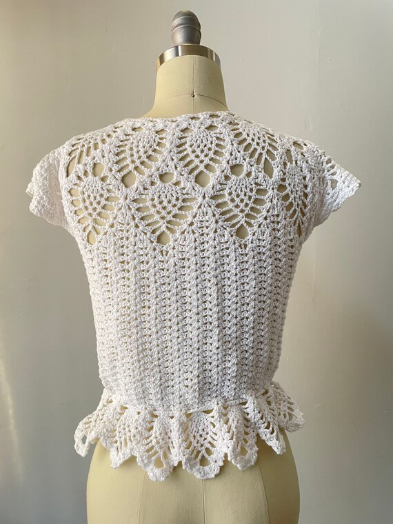 1970s Crochet Blouse Semi Sheer Cotton Top S - image 3