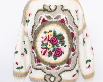 Suéter de los años 80, de lana y mohair, grueso, extragrande, con estampado floral. Talla L.