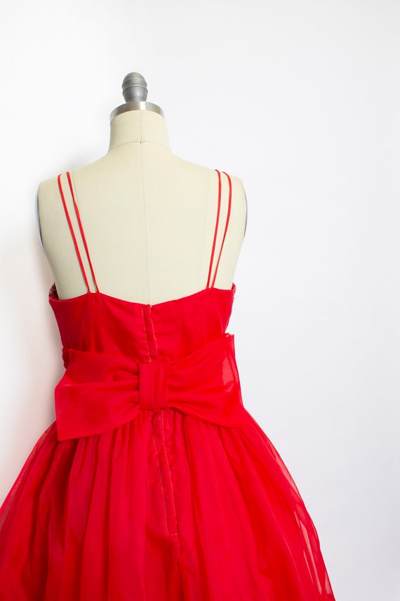 1950s Dress Red Chiffon Sequins Full Skirt S - image 7