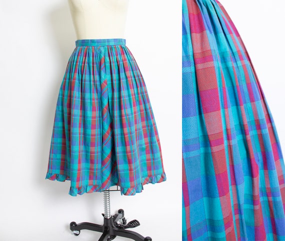 1980s Cotton Full Skirt Plaid Ruffled XS / S - image 1