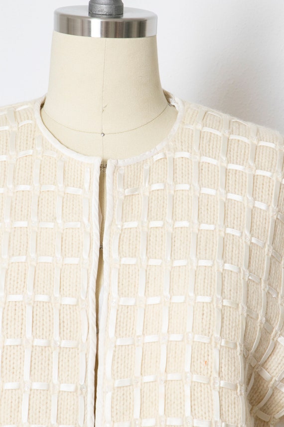 1950s Sweater Wool Knit Cardigan Cream Beaded S - image 4