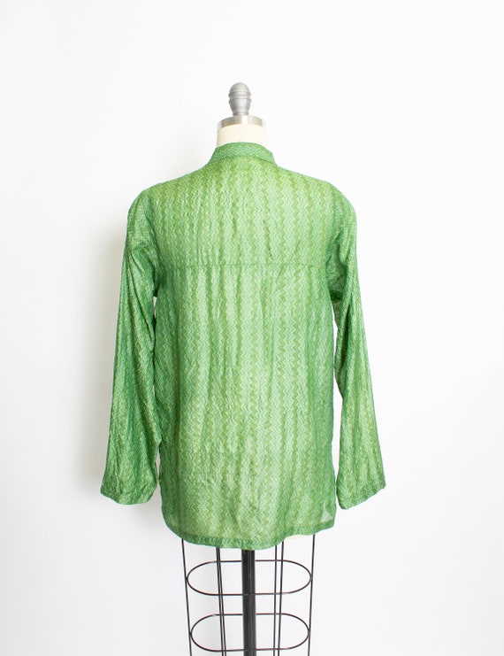 1970s India Silk Blouse Green Sheer Shirt M - image 2