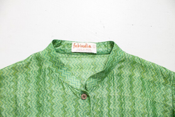 1970s India Silk Blouse Green Sheer Shirt M - image 6