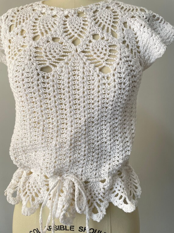 1970s Crochet Blouse Semi Sheer Cotton Top S - image 6